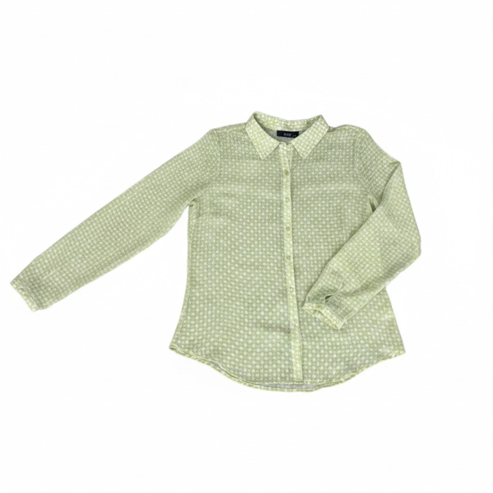 a.n.a Chartreuse And White Sheer Lightweight Button-Down Blouse, Minimal Cuff